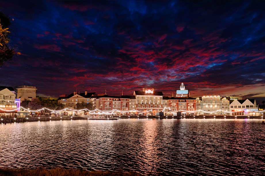 Boardwalk villas at night